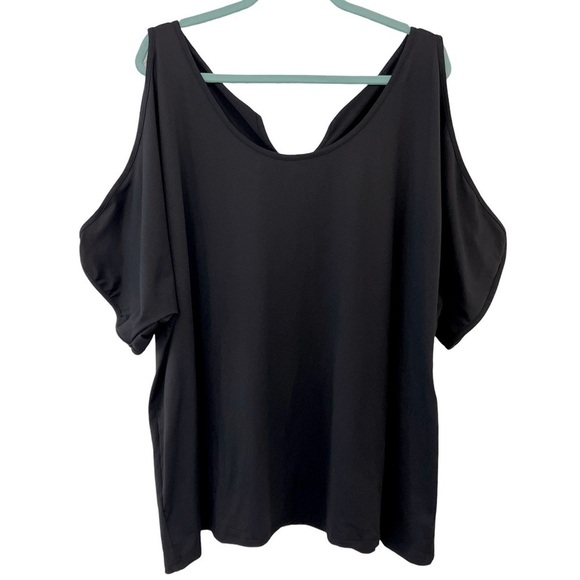 Women’s Plus Size Black Round Neck Cold Open Shoulder Short Sleeve T-Shirt Top - Picture 2 of 11